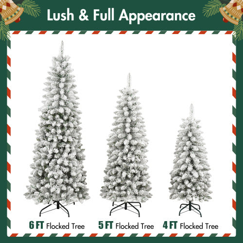 3 Pcs Flocked Artificial Christmas Tree Set With Lights, 4ft 5ft 6ft Christmas Snow Tree Set