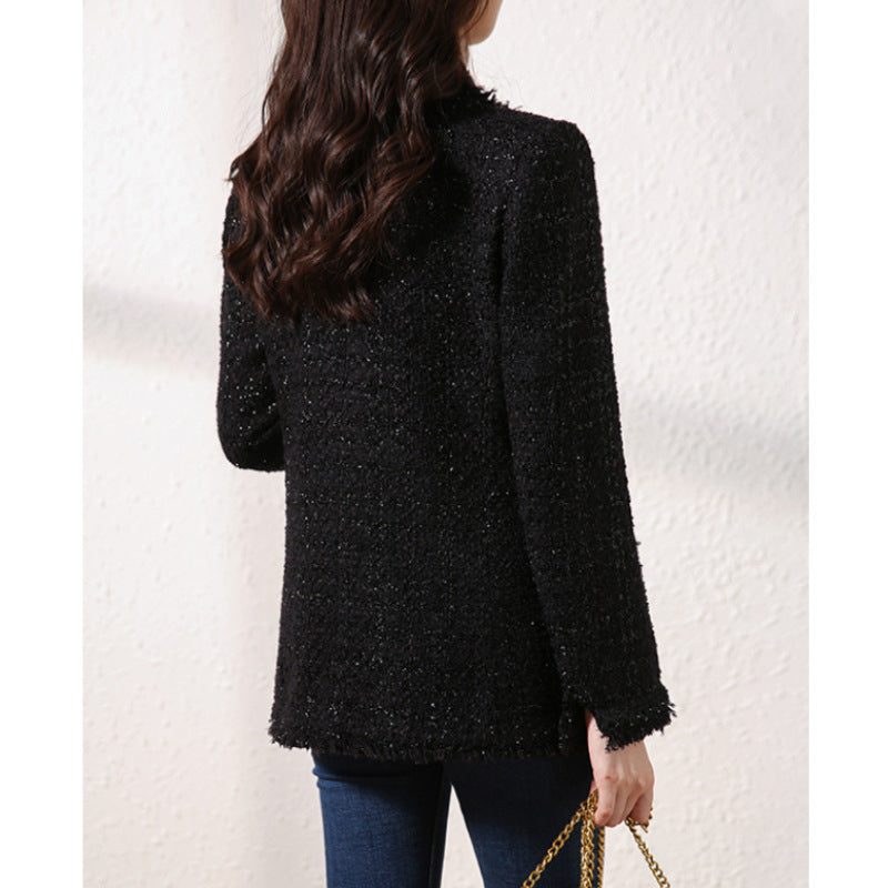 Short Tweed Black Wool Small Fragrant Coat