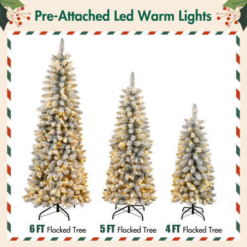 3 Pcs Flocked Artificial Christmas Tree Set With Lights, 4ft 5ft 6ft Christmas Snow Tree Set