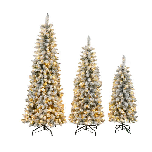 3 Pcs Flocked Artificial Christmas Tree Set With Lights, 4ft 5ft 6ft Christmas Snow Tree Set